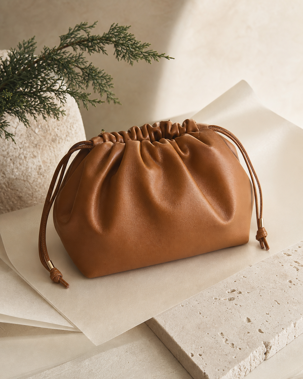 Caramel gathered drawstring handbag arranged on ivory paper and stone