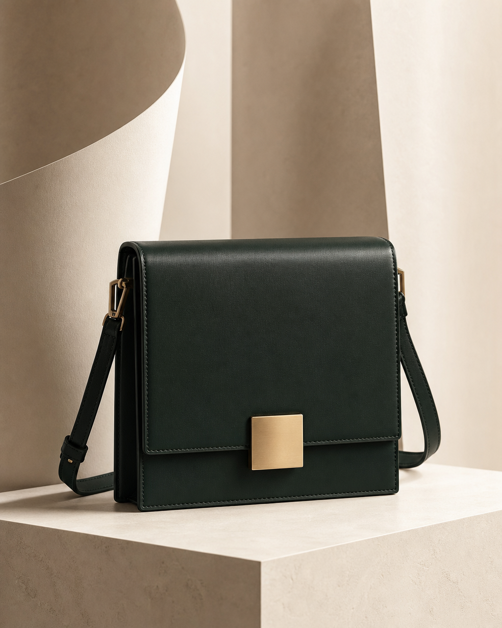 Deep evergreen structured crossbody bag with plain brushed-gold closure