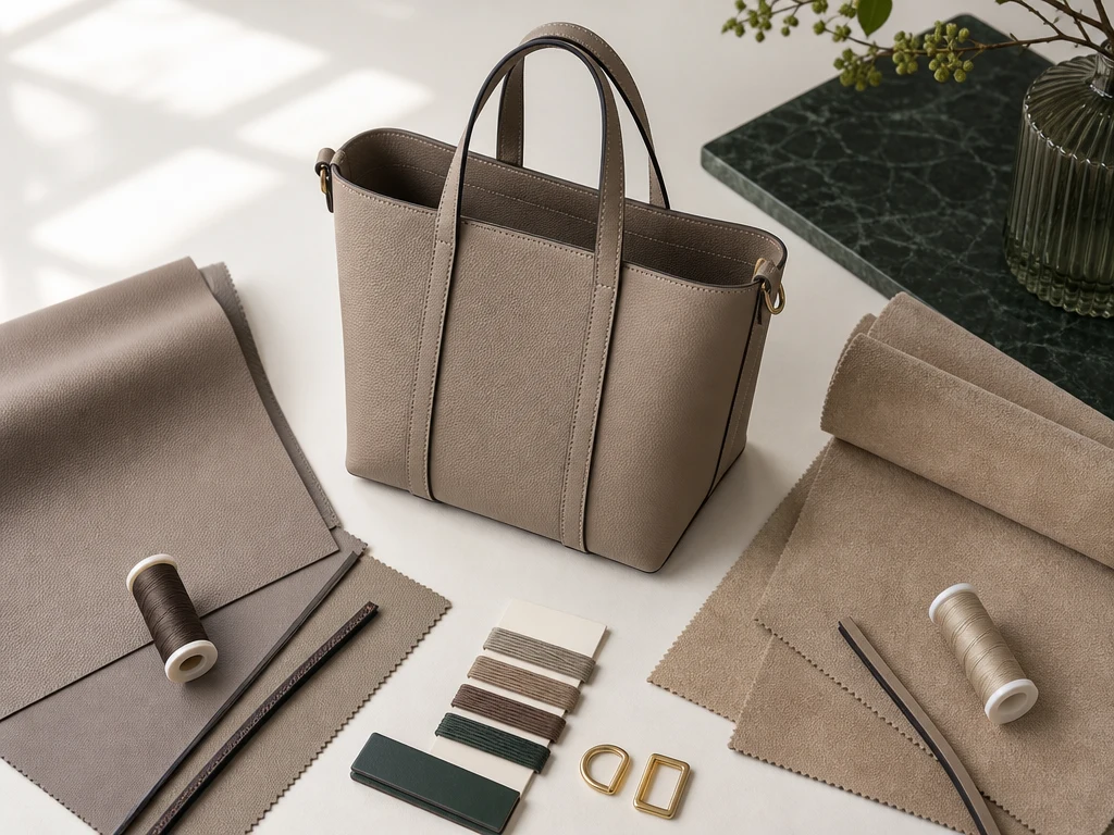 Structured tote between smooth microfiber and suede-look material swatches