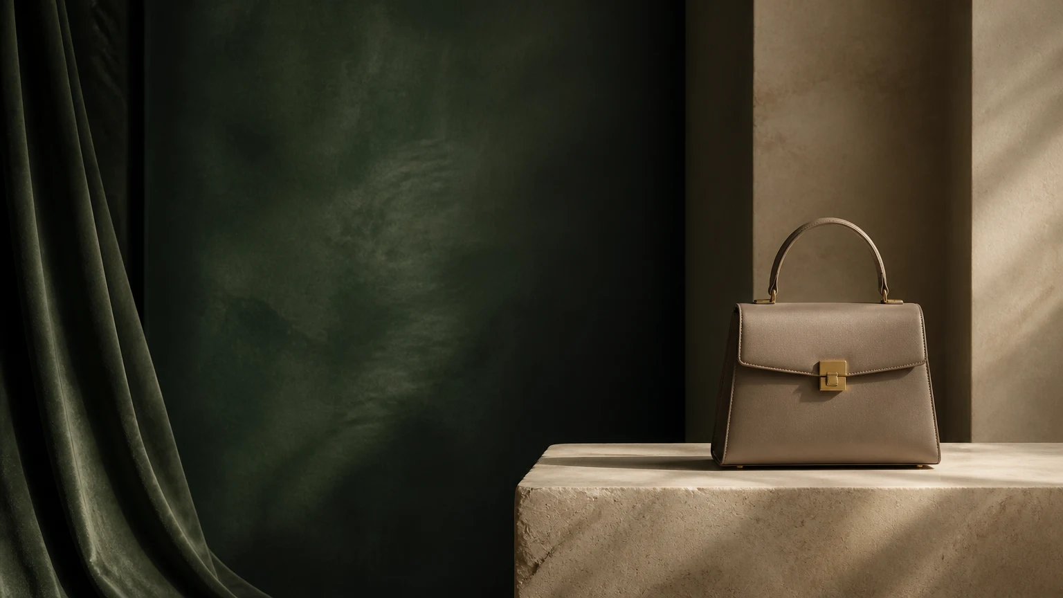 Taupe structured top-handle handbag fully displayed in an evergreen editorial studio
