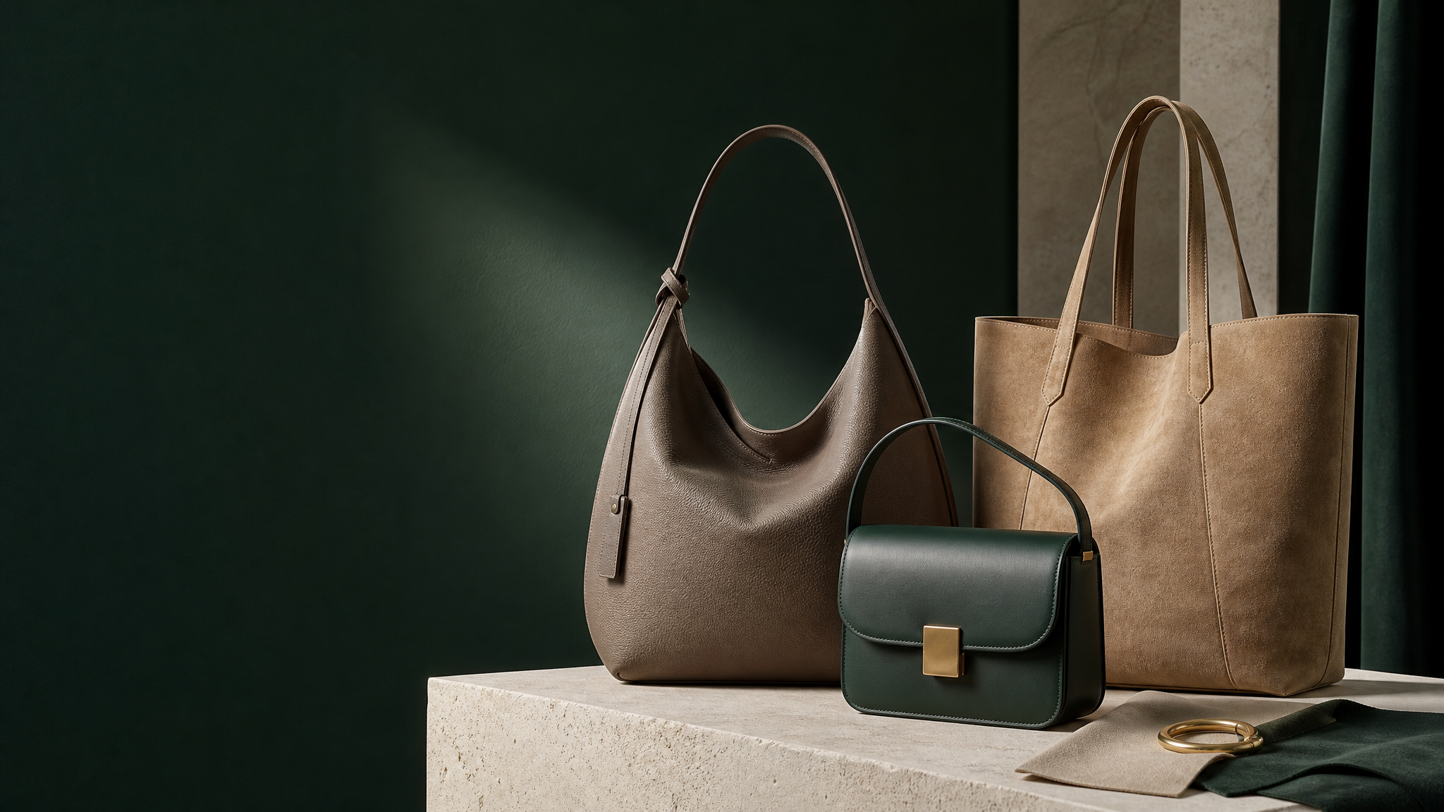 Three custom handbag silhouettes in taupe, evergreen and sand on a limestone atelier display