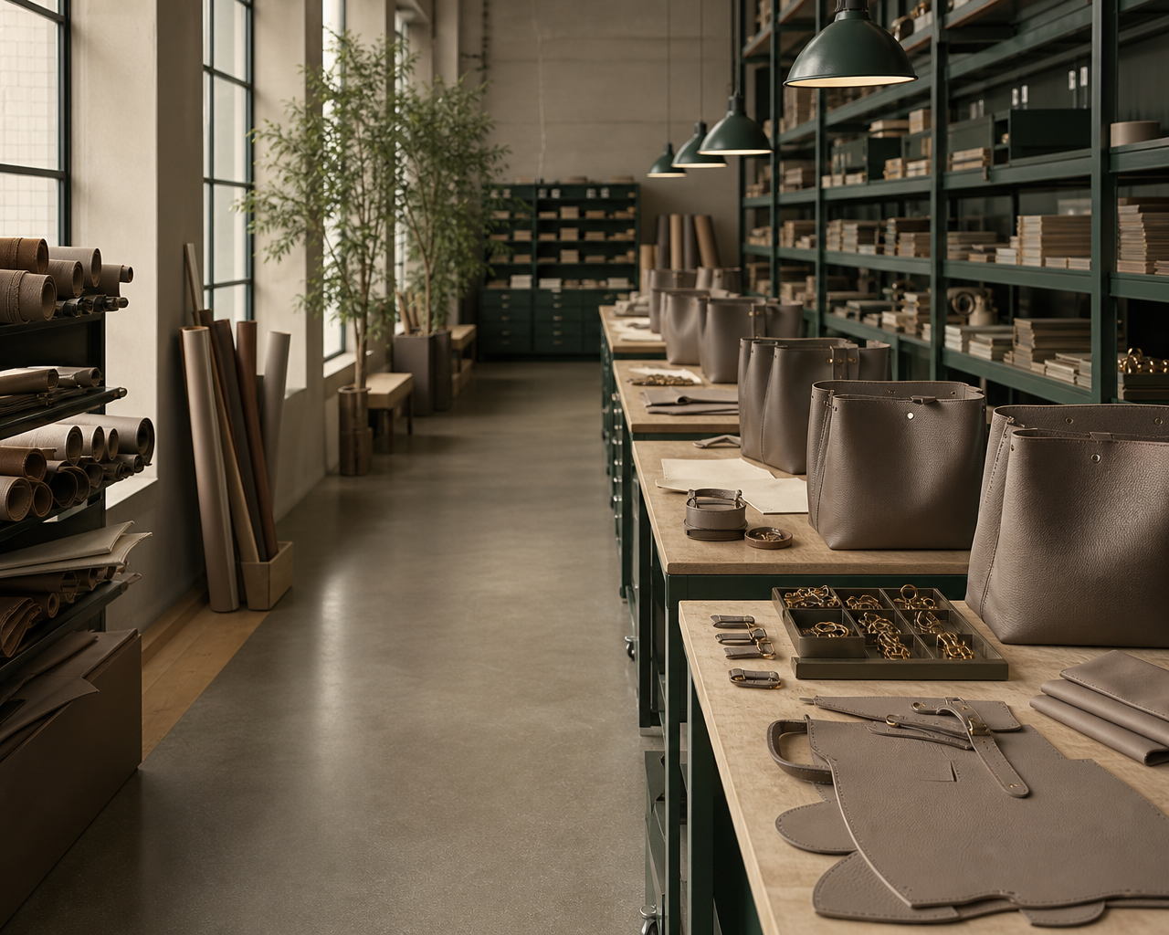 Orderly handbag production workshop with leather materials, worktables and unbranded bag bodies