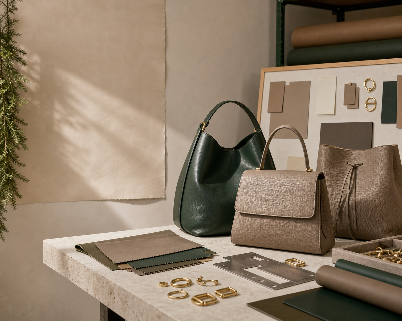 Handbag sample and material review station with leather swatches, hardware and pattern gauge