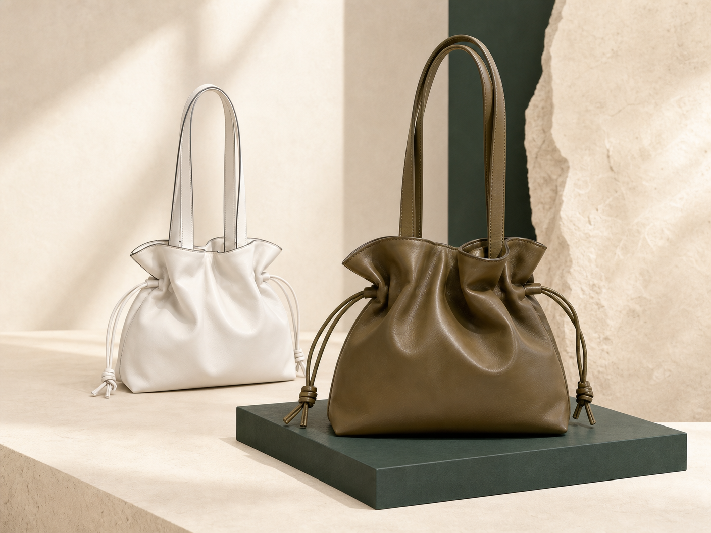 Olive and ivory gathered drawstring handbag silhouettes on an evergreen plinth