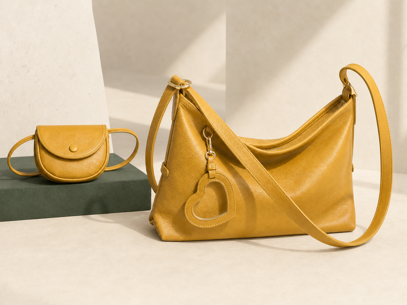 Mustard soft hobo handbag and coordinated mini pouch in an ivory studio