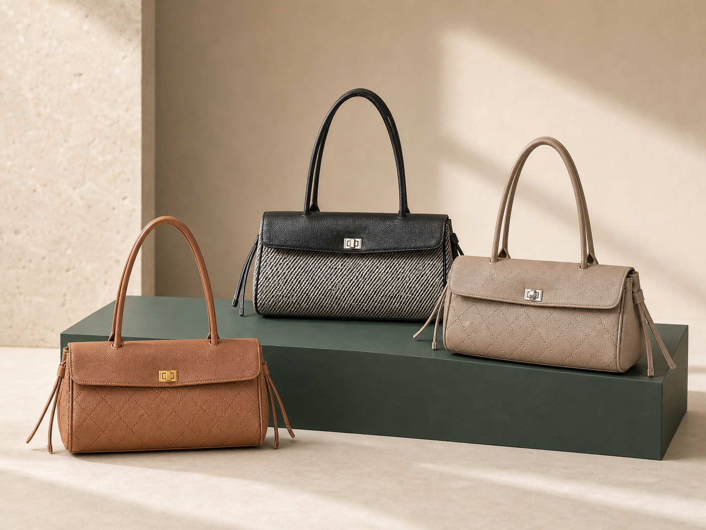 East-west handbag family in black, caramel and taupe on an evergreen studio plinth