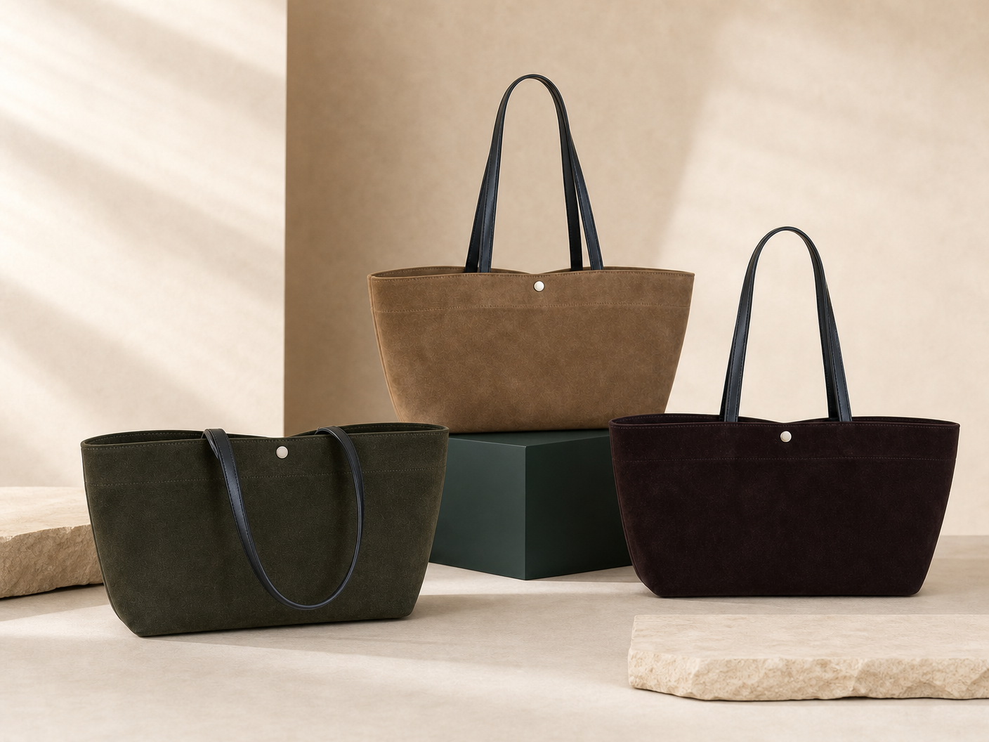 Three suede-look tote shopper silhouettes in taupe, olive and deep brown