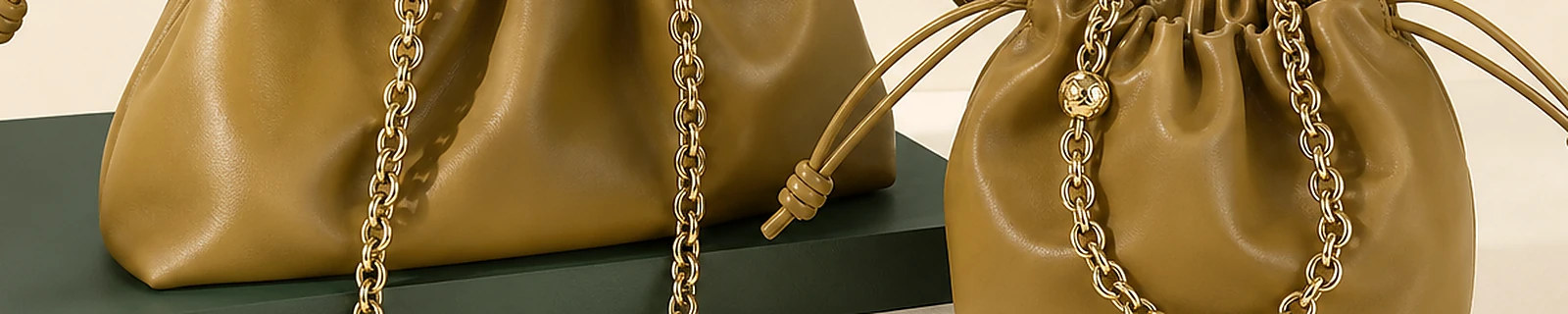 BLOOM-302 close-up showing chain handles gathering and microfiber finish