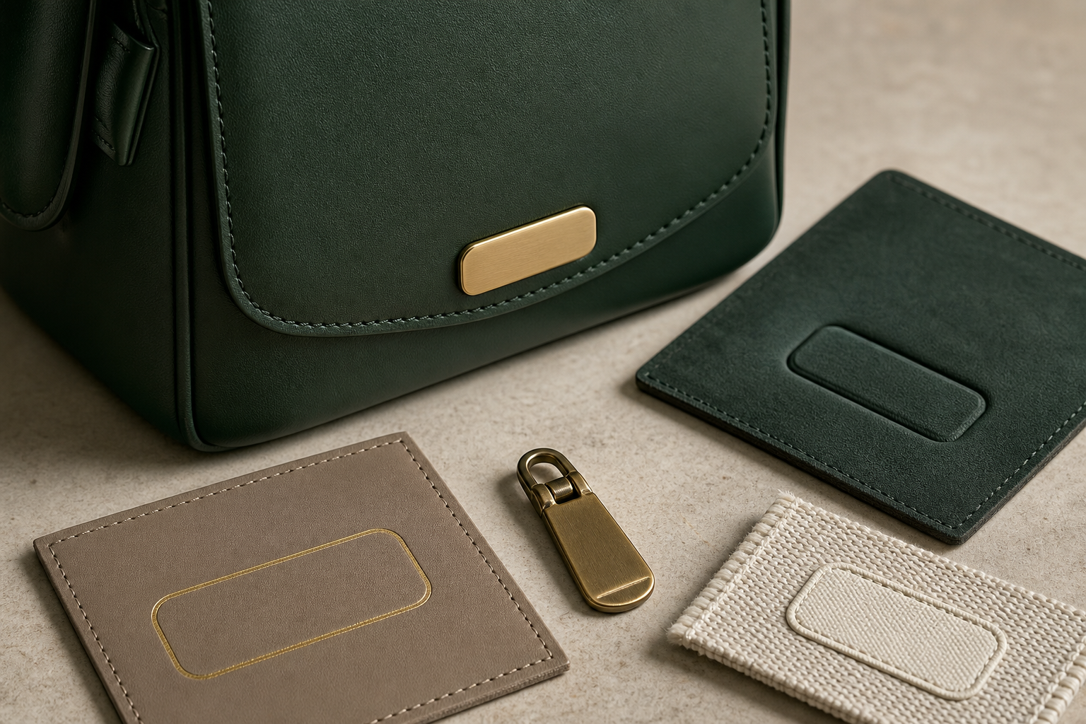 Handbag branding application samples showing embossing, foil and metal hardware finishes