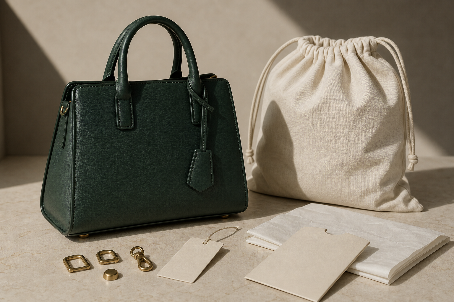 Private-label handbag with coordinated blank hangtag, dust bag and packaging components