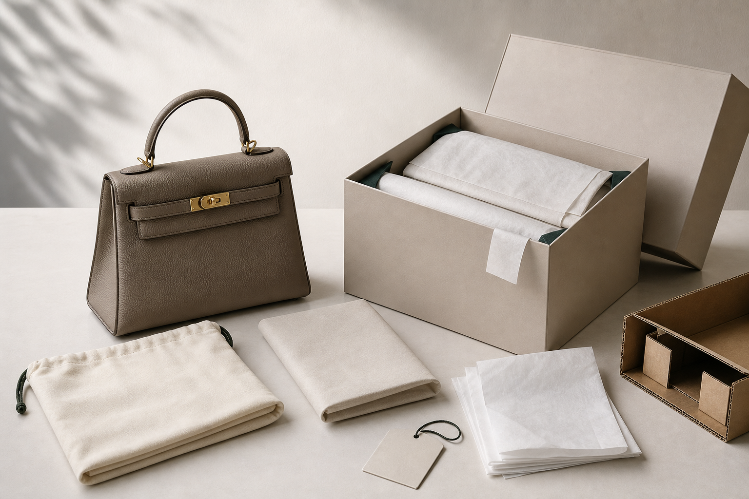 Handbag protective packaging system with dust bag, tissue, rigid box and shipping inserts