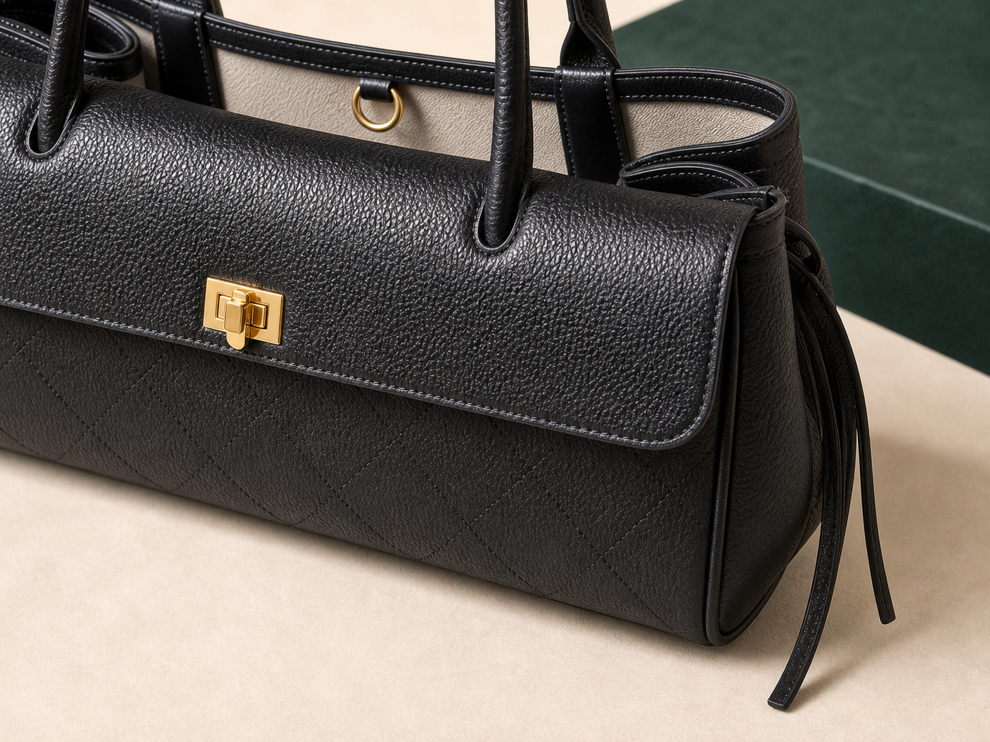 Close-up of BLOOM-103 Noir East-West Top Handle material texture stitching edge paint and hardware