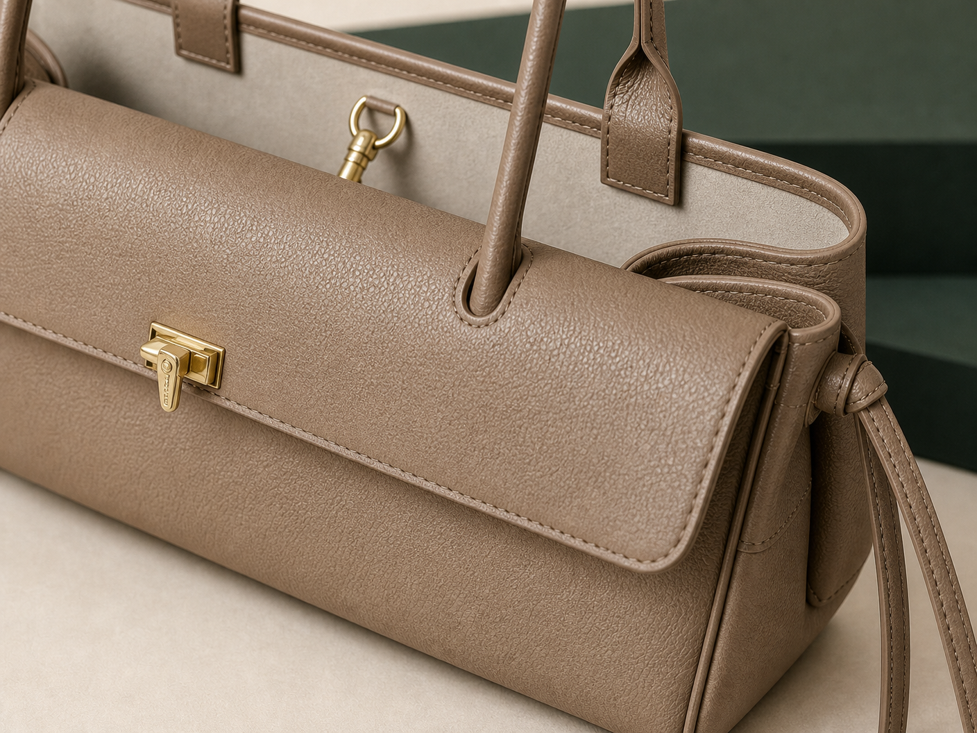 Close-up of BLOOM-105 Stone East-West Top Handle material texture stitching edge paint and hardware