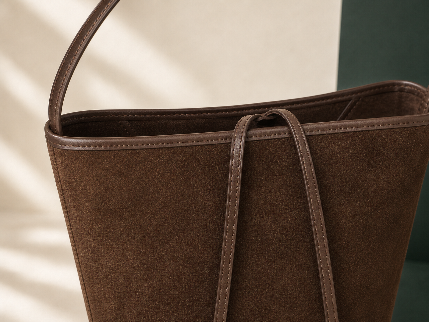 Close-up of BLOOM-201 Suede Minimal Tote material texture stitching edge paint and hardware
