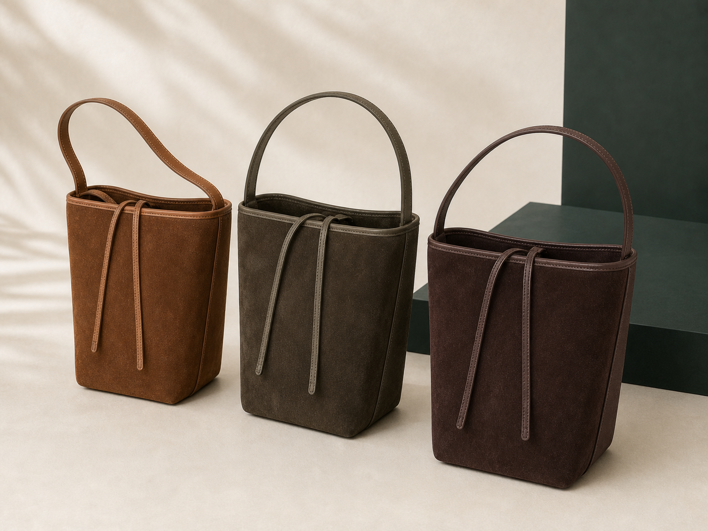 BLOOM-201 Suede Minimal Tote shown from a three-quarter side angle
