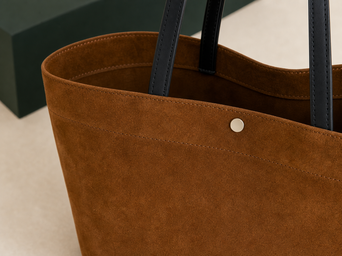 Close-up of BLOOM-202 Suede Shopper Series material texture stitching edge paint and hardware