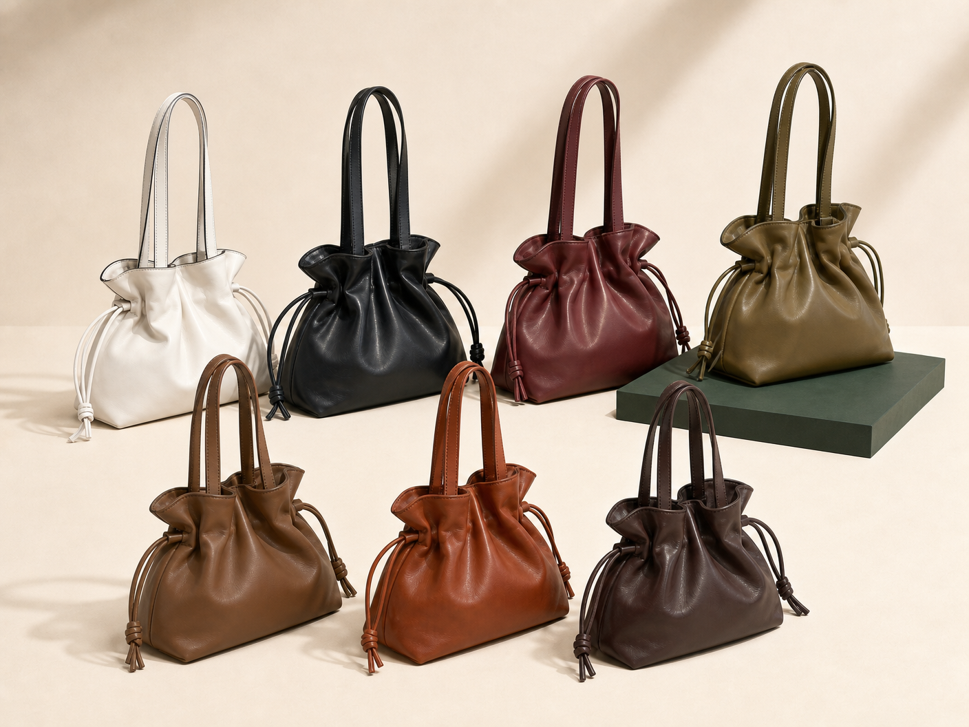 BLOOM-301 Ruched Tote Collection shown from a three-quarter side angle