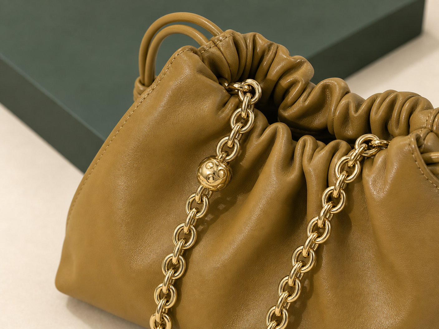 Close-up of BLOOM-302 Chain Drawstring Collection material texture stitching edge paint and hardware