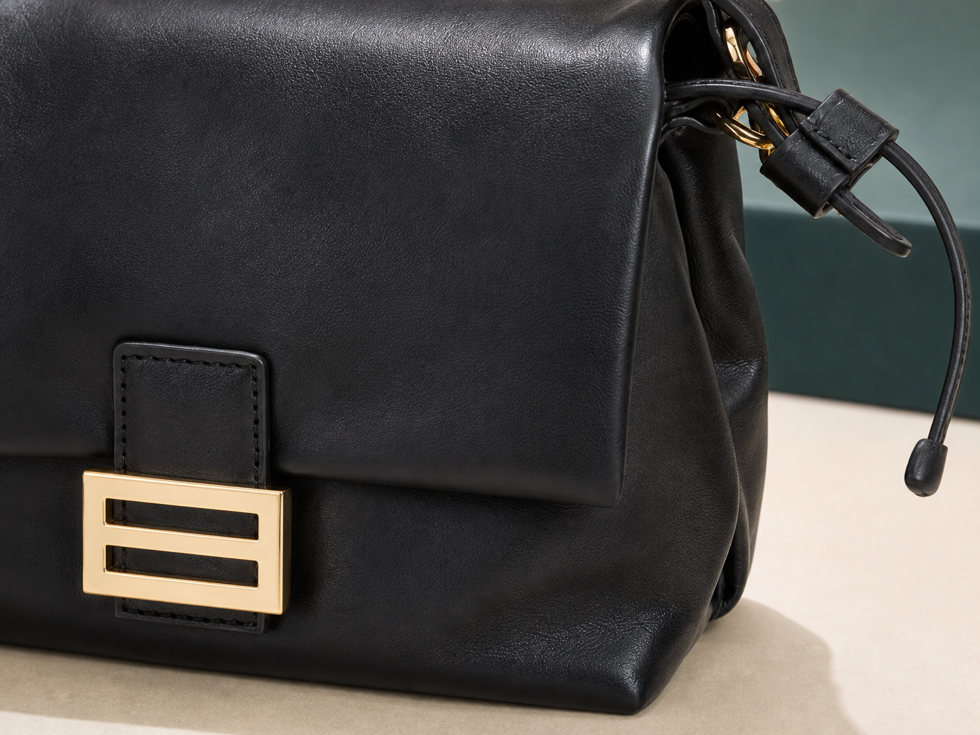 Close-up of BLOOM-403 Noir Box Shoulder Bag material texture stitching edge paint and hardware