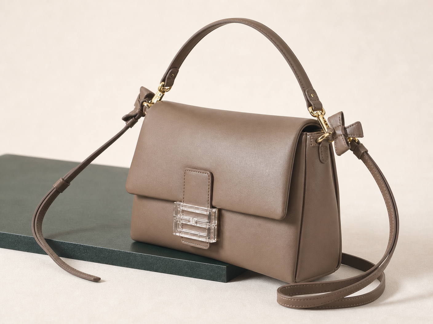 BLOOM-402 Taupe Box Shoulder Bag shown from a three-quarter side angle