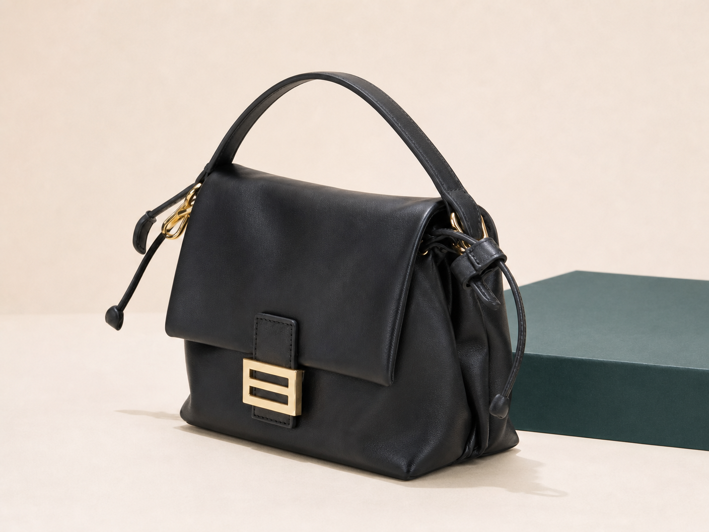 BLOOM-403 Noir Box Shoulder Bag shown from a three-quarter side angle