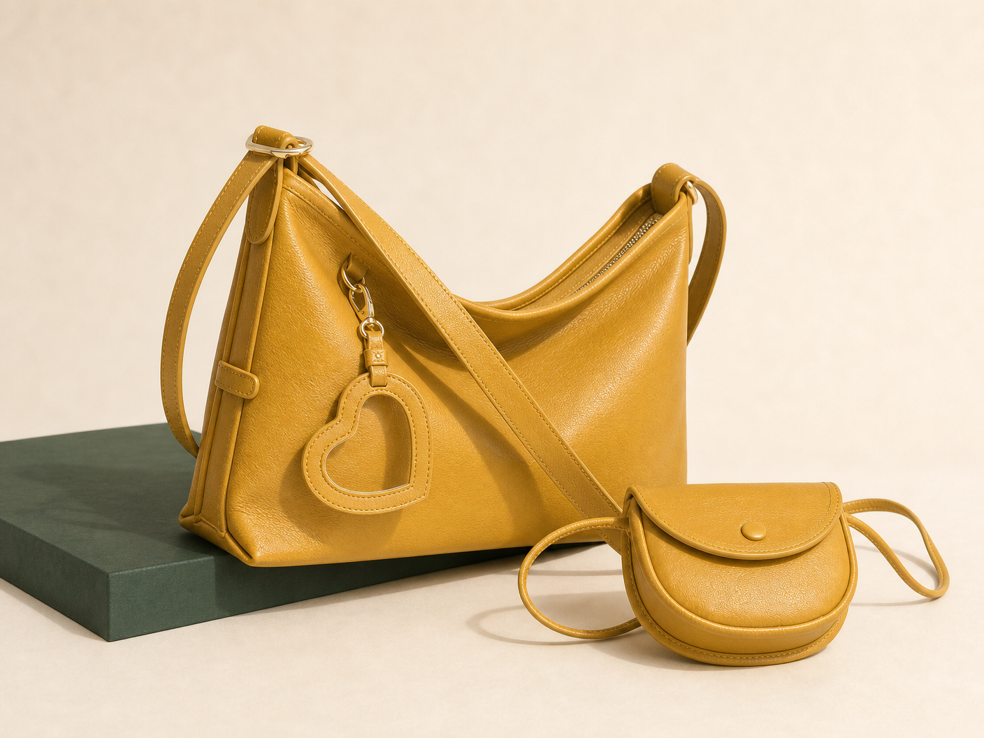 BLOOM-503 Mustard Mini Hobo Set shown from a three-quarter side angle