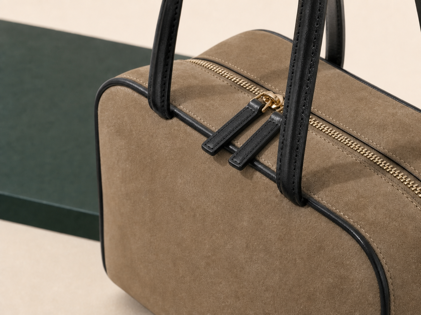 Close-up of BLOOM-101 Olive Soft Boston Tote material texture stitching edge paint and hardware